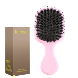 Jurrissa Mini Boar Bristles Hair Bursh, Travel Size Hair Brush for Women Men Kids, Protable Small Hair Brush for Pockets Purses, Mini Detangler Brush for Smooth Add Shine(Pink)