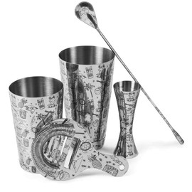 Urban Bar 5 Piece Cocktail Set with Tiki Decoration in Gift Box, Tin-on-Tin Shaker, Jigger, Spoon and Strainer, 18/8 Stainless Steel Model No UB4345