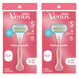 Gillette Venus Venus Extra Smooth 5-Blade-1 Razor 2 Refill each-Pack of 2 =2 Razors 4 Cartridge