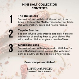 Life of Spice Mini Salt Collection | Flavoured Sea Salts | 225g | 3 Unique Salts with Recipe Cards | Finishing Salts | Brilliant for Pizza, Pasta, Mexican and Asian cuisine | Great Gift
