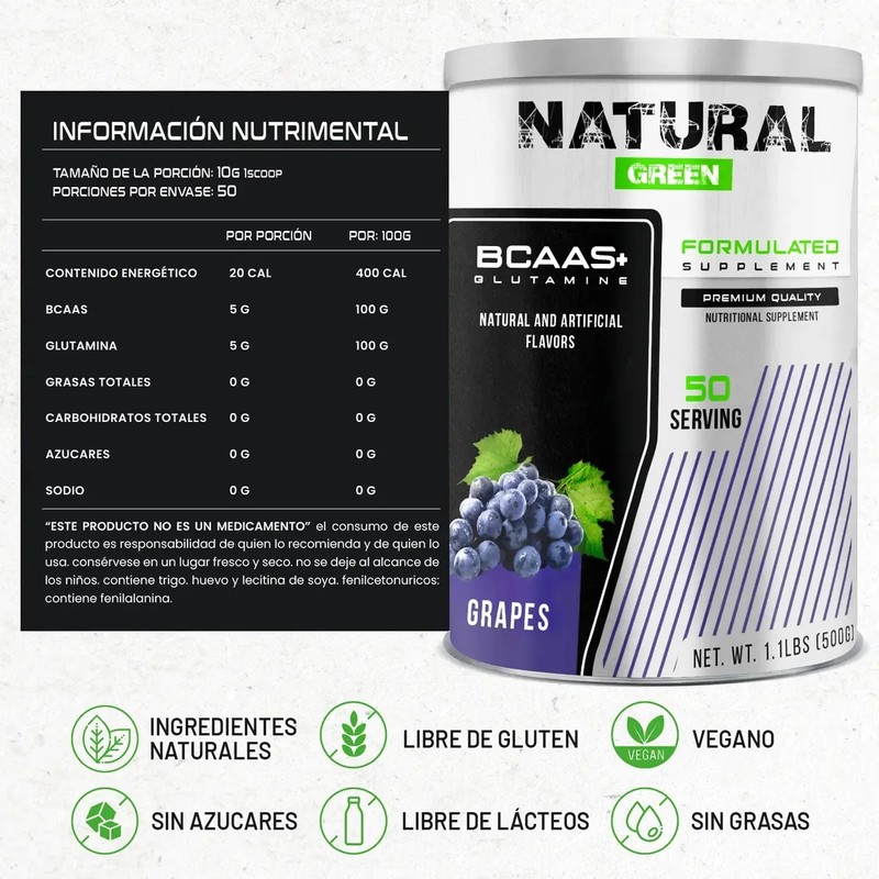 Bcaas Glutamina Aminoácidos Natural Green 500g Sabores Sabor Uva