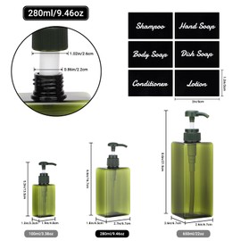 Segus Empty Refillable Soap Dispenser, 3 Pieces 280ml Pump Bottle Dispensers, Bathroom Bottles with Labels, for Lotions, Shampoo, Conditioner (Dark Green)