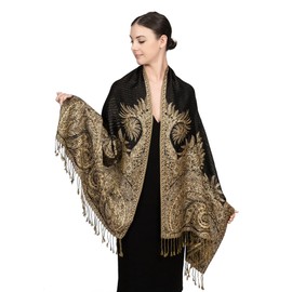 Achillea Luxurious Big Paisley Jacquard Layered Woven Pashmina Shawl Wrap Scarf Stole (Black)