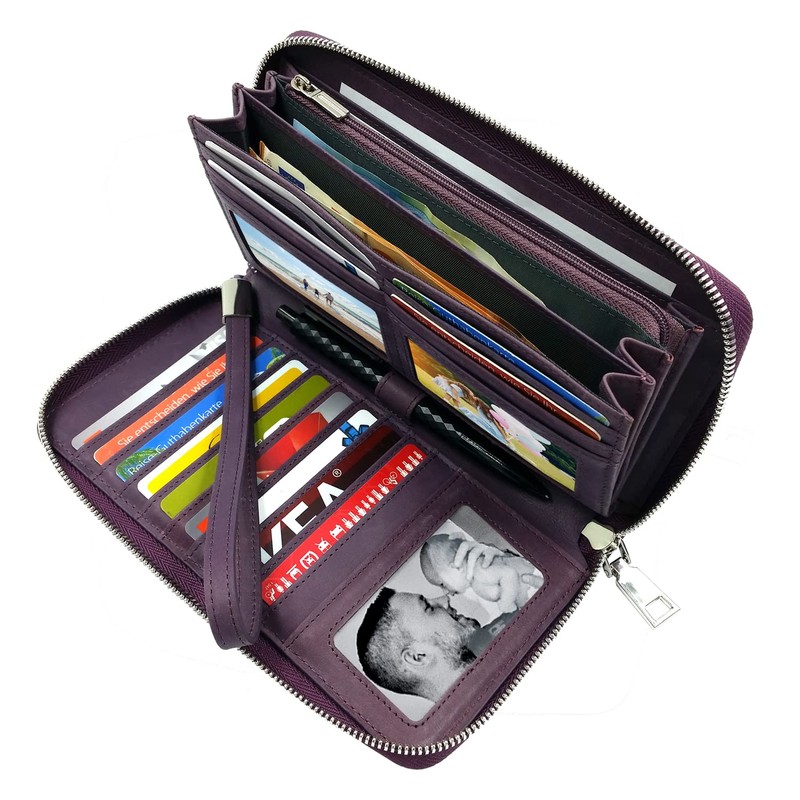 Ladies Large Long Leather Wallet RFID Protection, purple, Vintage