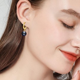 925 Sterling Silver Black Pearl Hoop Earrings Dangle Drop Jewelry Gifts for Women (Black Pearl-Gold)