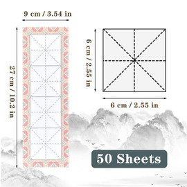 50 Pcs Chinese Calligraphy Paper Xuan Paper with Grids, Calligraphy Practice Xuan Rice Paper, Brush Rice Practice Paper Chinese Xuan Paper for Students Beginning Calligraphy Practice (Single Grid)