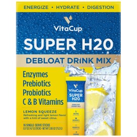 VitaCup VitaCup Super H2O Bloating Relief and Digestive Health Drink Mix Packets, Probiotics, Prebiotics, C & B Vitamins, Lemon Flavor Water Enhancer Packets, 16 ct