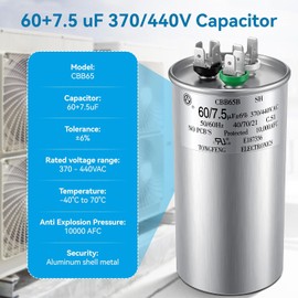 Dreyoo 60+7.5 uF 60/7.5 MFD Dual Run Start Round Capacitor, 370/440 VAC CBB65 AC Capacitor, UL Listed for AC Unit Fan Motor, Compressor, Heat Pump and Condenser Straight Cool