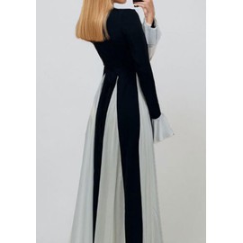 Kwunbwa Wedding Guest Dresses for Women Elegant Long Sleeve Patchwork Pleated Swing Long Dress Formal Maxi Dress