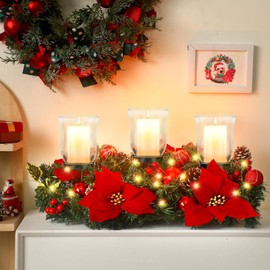 Sliner Christmas Poinsettia Candle Holder Centerpiece, Christmas Centerpieces for Tables Christmas Tealight Candle Holders Christmas Glass Candle Holders Romantic Holiday Candelabrum for Table Mantel