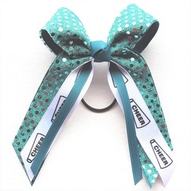 Cheerleading Soft Touch Sequin Hair Bow, Made in the USA, White Pony Band (Teal)