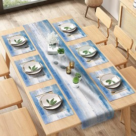 Navy Blue Grey Abstract Table Runner and Placemats Set of 6, Gray Vintage Retro Painting Watercolor Modern Art Dining Table Decor for Daily Use(1 Table Runner 72 inches Long and 6 Placemats)