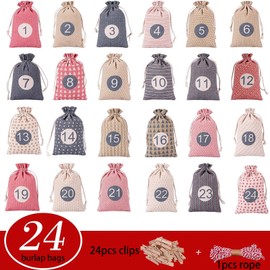 24 Pcs Christmas Drawstring Gift Bags Reusable Burlap Bag Wedding Favor Gift Pouch Treat Candy Bags for Christmas Advent Calendar Holiday Party Favor