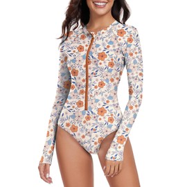 Century Star Long Sleeve Swimsuits for Women Bathing Suit Rash Guard Swimsuit 2025 Surfing Modest Swimsuit One Piece Full Coverage High Neck Athletic Zip Swimwear Orange Flower 8-10