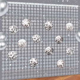 BAHABY Disco Party Decorations Set, 2 Pack 3.28 ft x 6.56 ft Metallic Tinsel Foil Fringe Curtains+ 12 PCS Sliver Disco Ball Hanging Swirls for Wedding Birthday Party Supplies