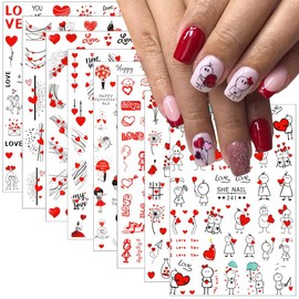 8Sheets Valentine's Day Nail Art Stickers 3D Self-Adhesive Nail Decals Valentines Nail Art Supplies Cute Cartoon Romantic Letter Black Simple Line Girl Love Heart Nail Design DIY Decoration for Women