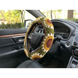 Handmade Crochet Sunflower Car Steering Wheel Covers Universal 14-15 inch for Women and Men (Steering Wheel Cover)