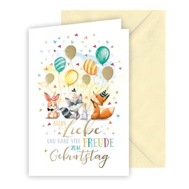 KE - Elegant and Animal Birthday Card for Children - Card for Children's Birthday - Embossing - Includes Beige Envelope - Motif: Animals with Balloons