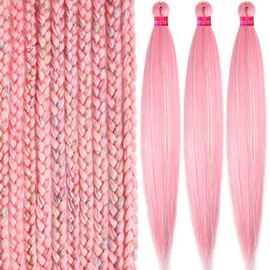 Pink with Tinsel Pre Stretched Braiding Hair Extensions 26 Inch - 3 Packs Braids Synthetic Professional Crochet Braid Neat Yaki Texture Hot Water Setting