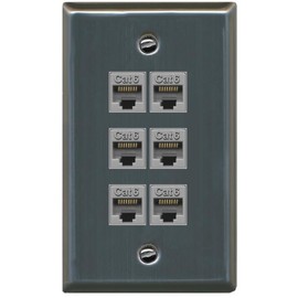 RiteAV - 6 Port Cat6 Ethernet RJ45 Female-Female Wall Plate - Flat [Stainless Steel]