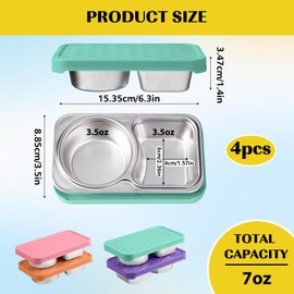 LVQVEV 4 Pack Stainless Steel Snack Containers, 2 Compartment Snack Container with Silicone Lids, Easy Open Leak Proof Reusable Metal Toddler Snack Containers for Daycare (Orange, pink, purple, blue)