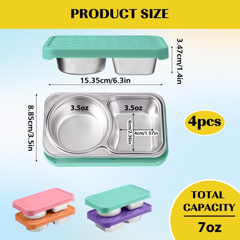 LVQVEV 4 Pack Stainless Steel Snack Containers, 2 Compartment Snack