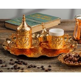 DEMMEX 2024 Turkish Greek Arabic Coffee Serving Set with Cups, Saucers, Cup Holders, Lids, Sugar Bowl & Lid and Tray, 11 Pcs (Gold), Medium