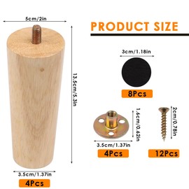 Pack of 4 Wooden Feet for Furniture, 12 cm Table Legs, Furniture Feet, Wood, Solid Wood Conical Furniture Feet, Furniture Legs, Cabinet Feet with Mounting Plates and Screws, Feet for Furniture Wood