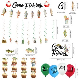 Gone Fishing Party Decorations,Include Hanging Banner Hanging Swirl Balloons and Cupake Topper Party Supplies,Fishing Birthday Party Decorations
