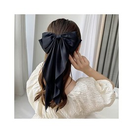1PC Satin Hair Bows for Women Large Hair Barrettes Ribbon for Girls Giant Long Bow Hair Clips Ponytail Holder Silk Big Hair Clips Accessories for Women(Black)