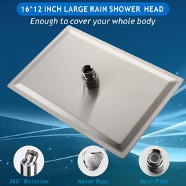 Voolan Extra Large Rain Shower Head - High Flow Square Rainfall Showerhead - Waterfall Full Body Coverage - Universal Ceiling or Wall Mount (16 * 12 Inch Rectangle, Brushed Nickel)