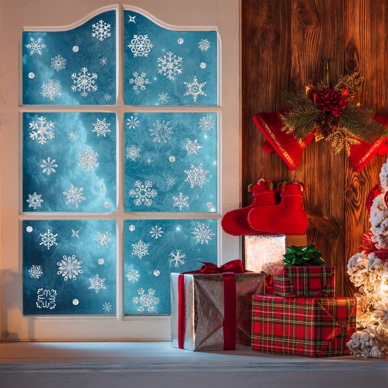 Fassory 93 Pcs Glittering Silver Snowflake Window Stickers, Reusable Winter