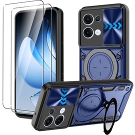 Case for Oppo Reno 13 + 2 Pack Screen With Slide Camera Protection Cover,Magnetic Metal Ring Kickstand Shockproof Military Grade Heavy Duty Tough Cover,Blue