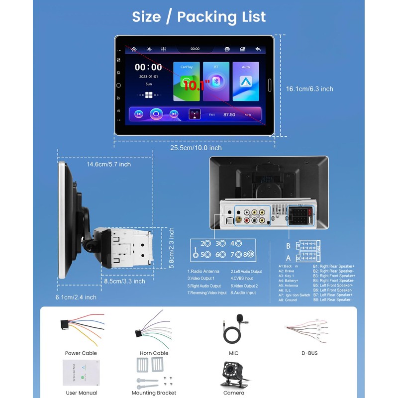 10.1 inch Single Din Car Stereo Wireless CarPlay Android Auto,