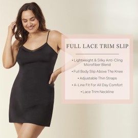 Jones NY Women's Silky Smooth 35" Spaghetti Strap Full Slip w/Lace Neckline, Black, XL