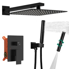 Hoimpro Shower System set with 12 Inch Bathroom Rain Mixer Shower Head and Handheld Wall Mounted, Rainfall Shower Faucet Fixture Combo with High Pressure 2 in 1 Handheld Showerhead , Matte Black