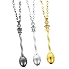 FENGRUI 3 Pieces Spoon Necklaces Set,Mini Charms Ket Necklace Small Snuff Spoon Tiny Little Scoop Teaspoon Crown Pendant Long Chain for Fancy Dress Party Favors（Silver,Gold,Black）