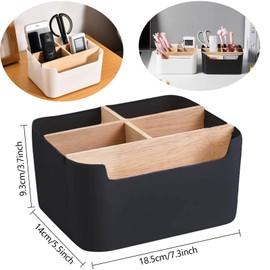Desk Organiser, 5 Compartments Bamboo Table Organiser Desktop Office Organiser with Pen Holder, Desktop Pen Wooden Desktop Storage Box, Multi-Purpose Storage Box for Office, School and Household