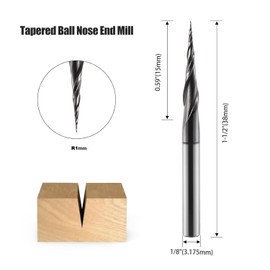 2 Flutes Tapered Ball Nose End Mill, R1mm Tip Radius, 1/8" (3.175mm) Shank, Tungsten Solid Carbide HRC55 CNC Cutter Router Bit for 3D Woodworking Carving Engraving- 2 Pack