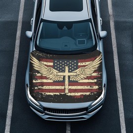 Qiyupavto Car Hood Cover Elastic Polyester Protector Car Hood Wrap Blanket Waterproof Auto Exterior Accessories for Sedans SUV Trucks Pickup (American Flag Cross Wings Design)