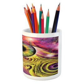 Ambesonne Psychedelic Pencil Pen Holder, Hippie Hallucinatory Eye in Vivid Colors with Optical Swirl Lines Graphic, Printed Ceramic Pencil Pen Holder for Desk Office Accessory, Fuchsia Yellow