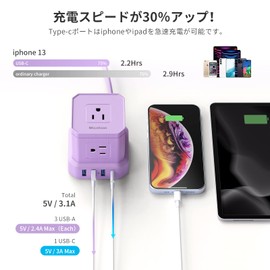 Micshion Cube Power Strip (2400W) Extension Cord with 2m Outlet USB Lightning Guard 5 AC Outlets 3 USB Ports 1 Type-C Octopus Wiring Table Tap OA Multi-Tap Safety Protection for Home Office Purple