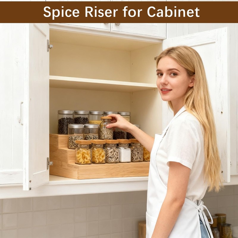 Bambition 2 Pack Spice Rack Riser for Cabinet, Bamboo Spice