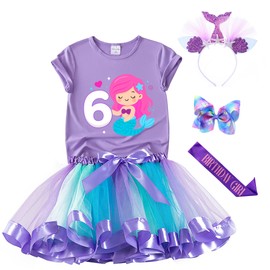 Mermaid Birthday Outfit for Girls - Tutu Skirt, Shirt, Satin Sash & Headband (Purple 6, 6 Years)