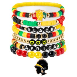 Y1tvei African Black Bracelet Set - 7Pcs Africa Stay Live Heart Charm Clay Beaded Stretch Bracelet Juneteenth Freedom Day Party Favor Gift Black History Month Friendship Chains Jewelry for Women Decor