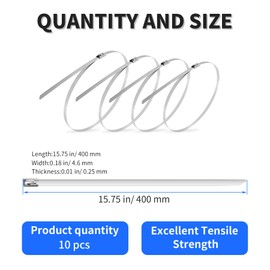 FOCMKEAS 10 pcs 15.75" Length 0.18" Width 0.01" Thickness (400×4.6×0.25mm) 304 Stainless Steel Zip Ties,Metal Self-locking Cable Ties,Multi-Purpose Cable Wire For Automotive Parts Outdoor Fences
