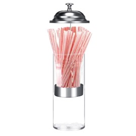 Straw Dispenser for Pencils with Stainless Steel Lid, Clear Acrylic Straw Holder, 100 Striped Plastic Straws
