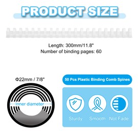 PATIKIL 22mm (7/8") Plastic Binding Combs, 50 Pcs 21 Rings Comb Binding Spines 190 Sheet Capacity Letter Size for Binding Paper Sheets Notebook Calendar Picture Album, White