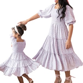Mommy and Me Dresses Puffy Sleeve Summer Boho Ruffle Maxi Dress Mother Daughter Matching Outfits Mom and Baby Dresses (Women, Floral Purple, L)