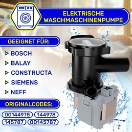 Electric Pump for Washing Machines 220/240V 40W with Original Code 00144978 144978 00145787 145787 for Siemens for Bosch - Made in EU MONTERAL